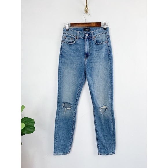 7 For All Mankind The High Waist Ankle Skinny Distressed Jeans Sz 26 - Picture 1 of 13